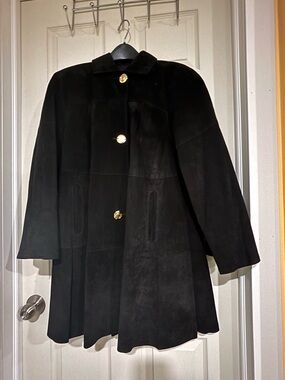 Marquise Black Suede Trench Coat with Gold Buttons